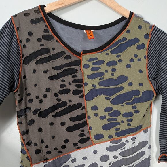 Vintage Tunic Top Patchwork Green Black Lagenlook Artsy Distressed Stripe Orange - Picture 8 of 12